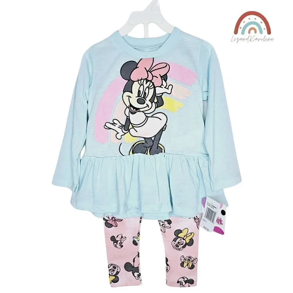 New! Disney Minnie Mouse 2 Piece Long Sleeve Ruffle Top Legging Baby Toddler Set